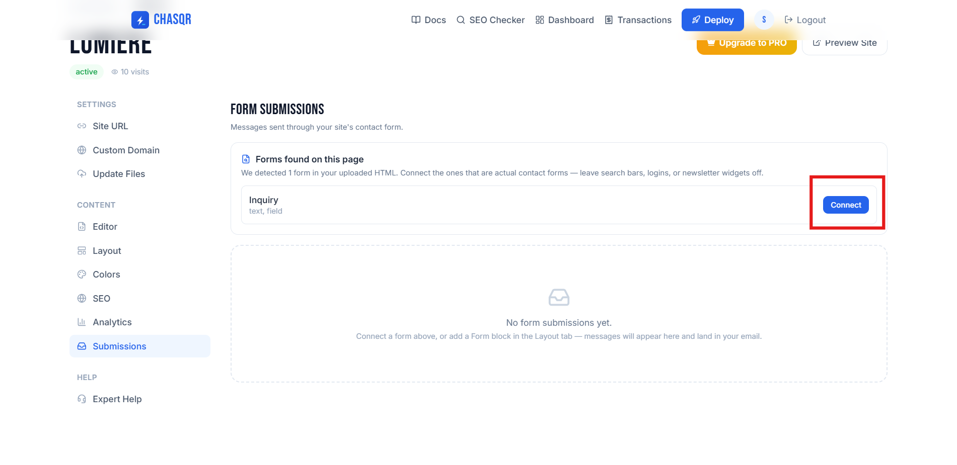 The Submissions tab — a form detected in your uploaded HTML, waiting for one click to connect it.