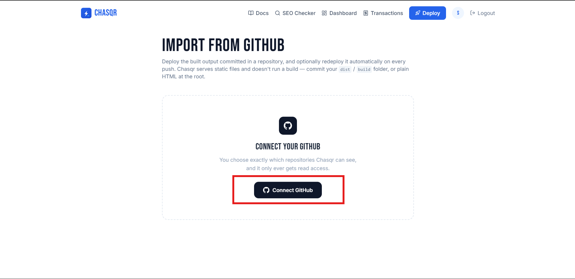 The Import from GitHub page before a GitHub account is connected.