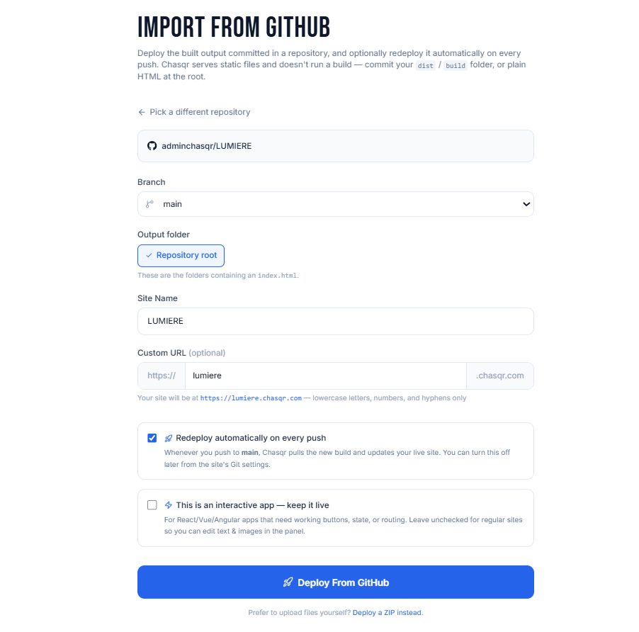 Choosing a repository, branch and output folder in the import wizard.
