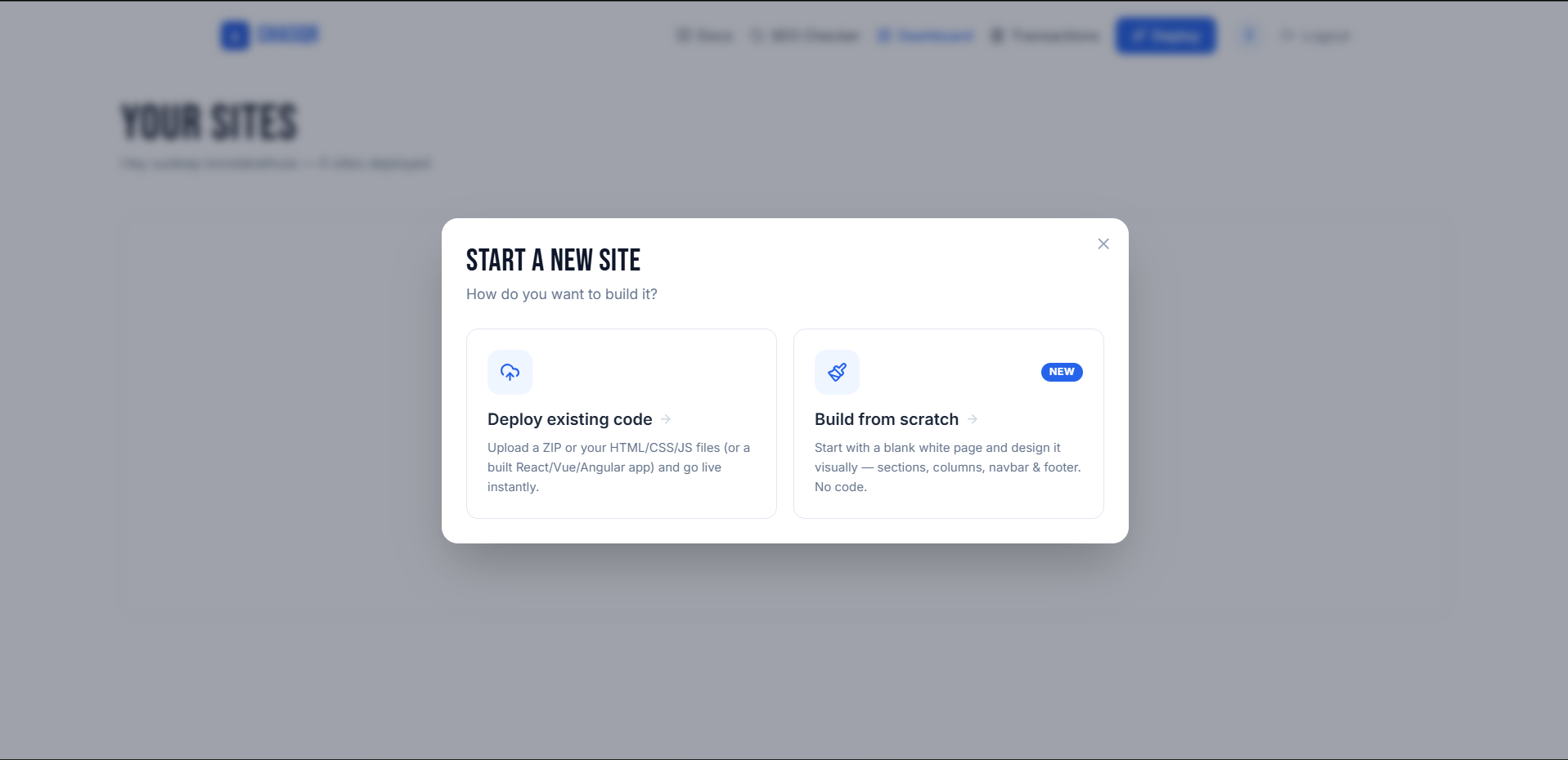 Choosing how to build: deploy existing code, or build from scratch.