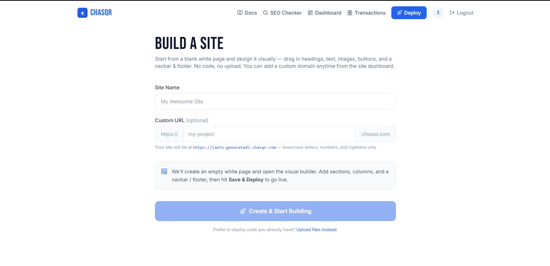 The Build A Site form — site name, optional custom URL, and the button that opens the builder.
