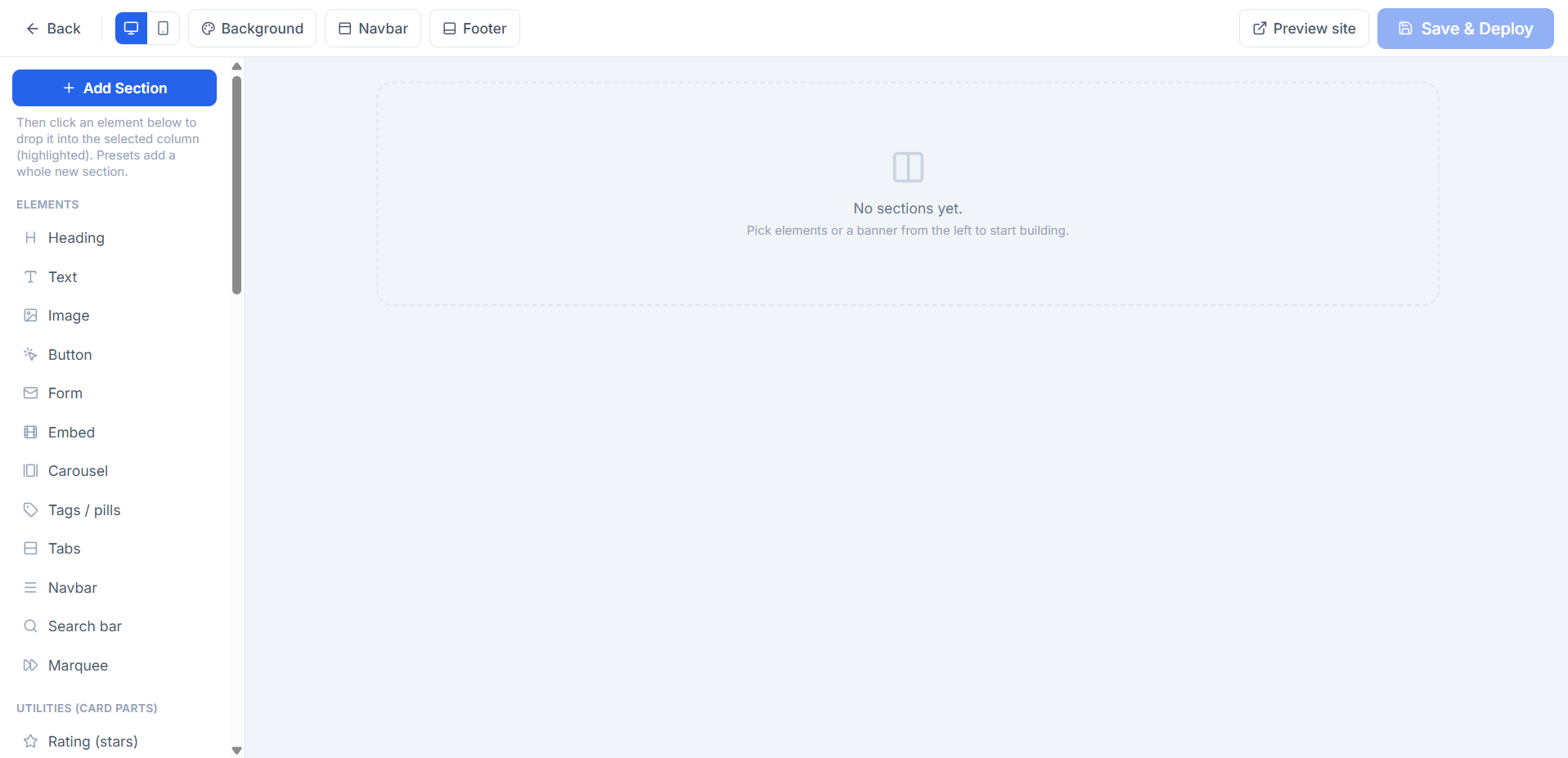 The full-screen builder: toolbar across the top, element palette down the left, canvas in the middle.