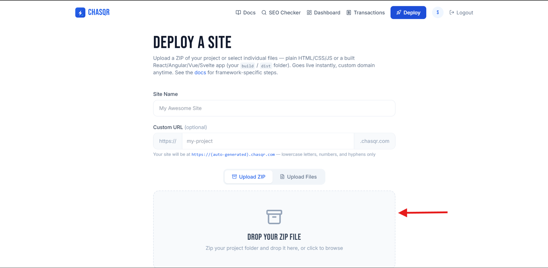 The Deploy A Site page — switch between Upload ZIP and Upload Files, then drop your build in.