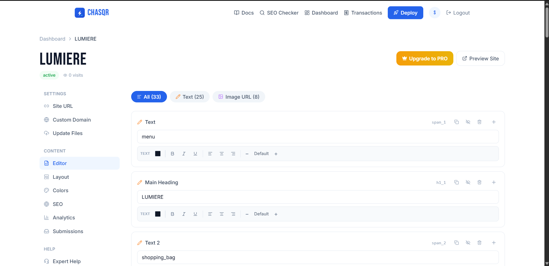 A site's dashboard — plan, status and visits at the top, everything else grouped in the left navigation.