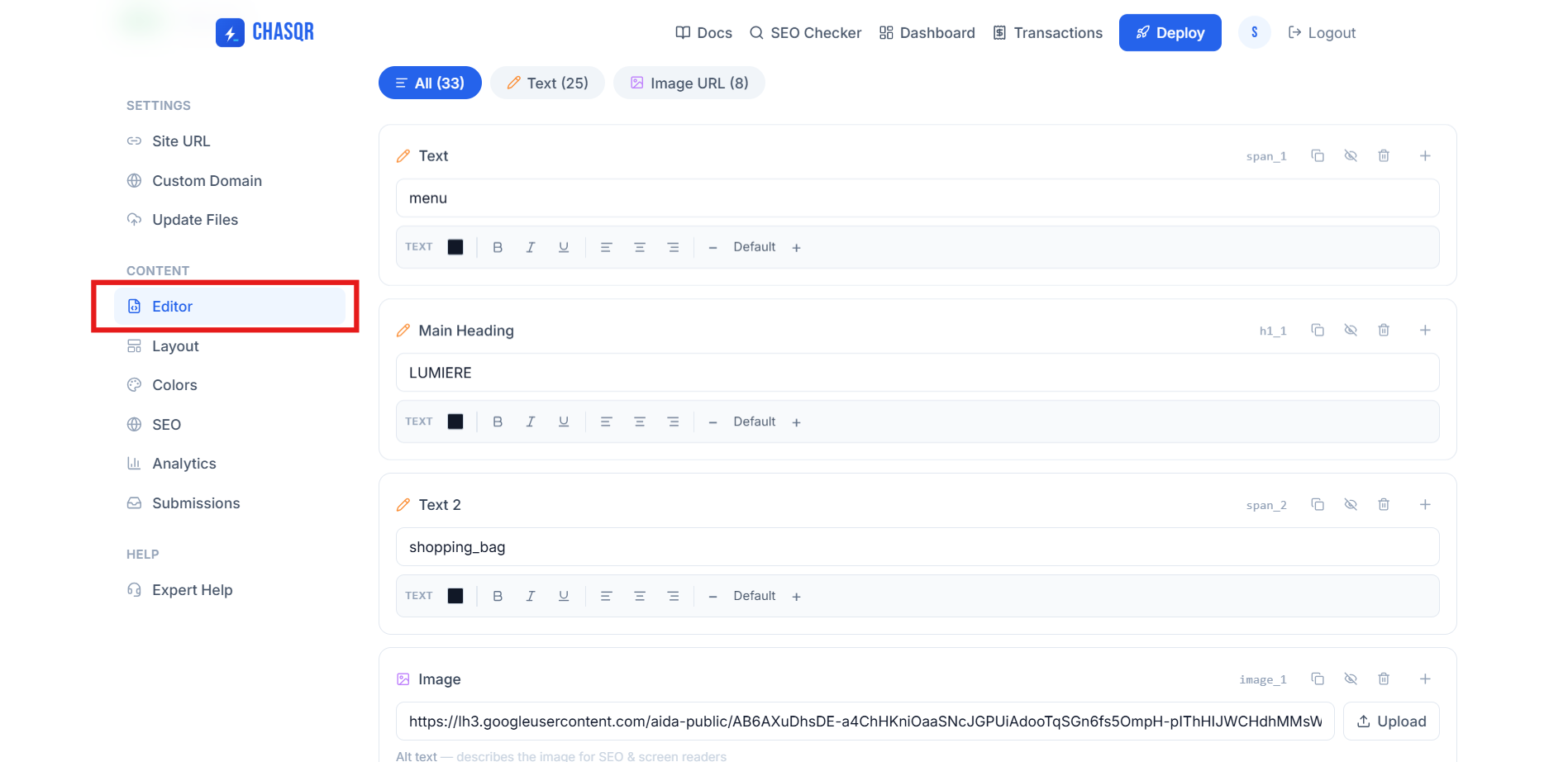 The Editor tab — every text, image and link on the page as an editable field, with per-element actions on the right.