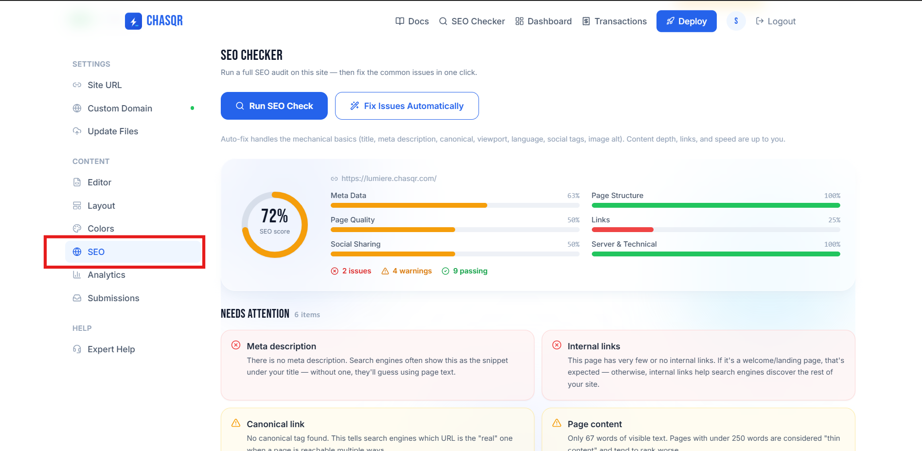 Grow — app.chasqr.io/seo